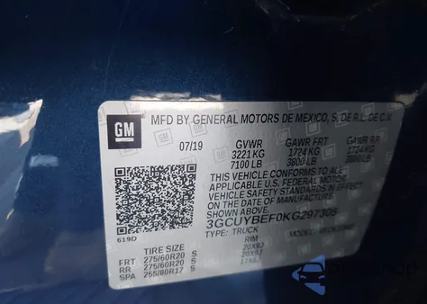 2019 Chevrolet Silverado 1500 Custom from USA, damaged, VIN 3GCUYBEF0KG297305